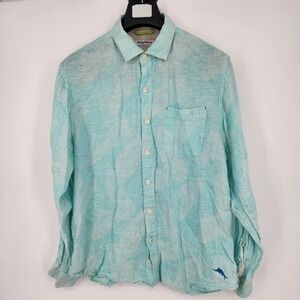 Tommy Bahama Linen Shirt Men's Large Light Green Long Sleeve Hawaiian Beach‎